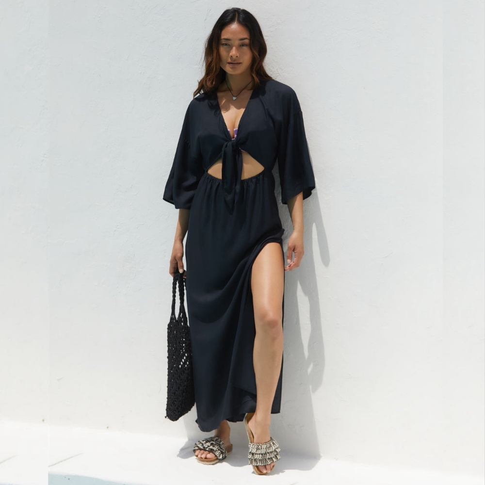 Anthropologie Elegant Black Front-Tie Maxi Dress With High Slit | Size M